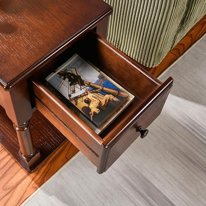 LEEMTORIG Narrow Nightstand with Drawer, No-Tools Assembly Wood End Tables Living Room Side Tables Bedroom, Mid-Century Modern 13"W Slim Narrow Bedside Table, 22"D x 22.3"H, Cherry Brown BBJ-004-DWA