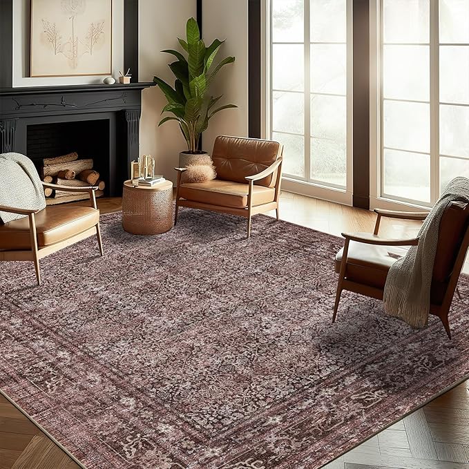 Washable Area Rug 8'x10' Retro Boho Design Non-Shedding Non-Slip Easy Care Ideal for High Traffic Areas in Living Room Bedroom Office Coffee Table Kitchen Large Carpet