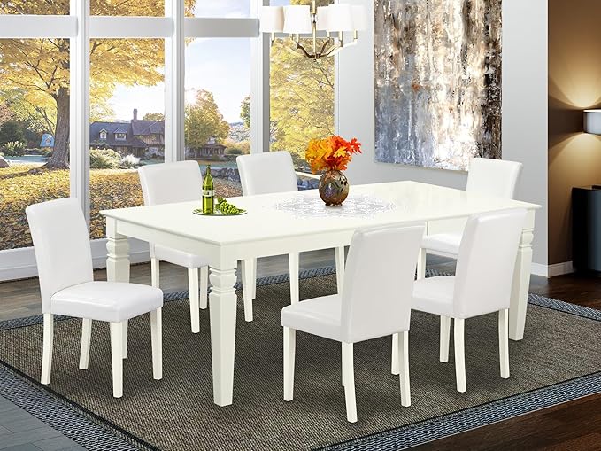 East West Furniture LGAB7-LWH-64 7 Piece Modern Dining Table Set Consist of a Rectangle Wooden Table with Butterfly Leaf and 6 White Faux Leather Upholstered Chairs, 42x84 Inch, Linen White