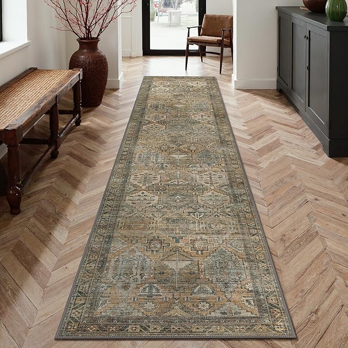 GENIMO 2x12 Runner Rugs for Hallway, Machine Washable Non Slip Vintage Rugs, Low Pile Lightweight Soft Print Rug for enrtyway, Corridor, Home Office, Kitchen, Warm Taupe