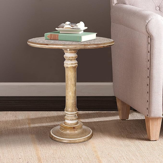 Lightnpro Handcrafted Wooden Single Pillar Table - Small Accent Side End Table, Bedside Nightstand, Entryway, Living Room - Vintage Desk for Books, Plants & Décor - 18x22 Inch, Distressed White