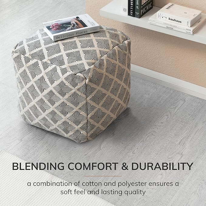 Anji Mountain 100% Handmade & Handcrafted Comfortable Home Décor Pouf Ottoman Footrest for Living Room, Bedroom, Nursery, Kidsroom, Patio Furniture - (20" x 20" x 20"- Black,Ivory)