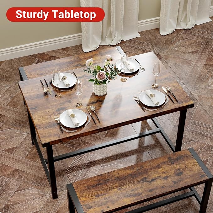 Garvee Dining Table Set for 4, Kitchen Table with Benches, 3 Piece Rectangular Dining Room Set with 2 Wooden Benches for Small Space, Apartment, Studio, Home, Rustic Brown