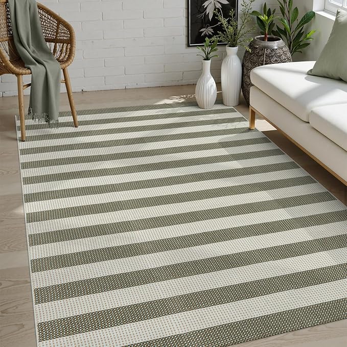 OJIA Outdoor Patio Rug 5'x7', Striped Rug Machine Washable Large Area Rugs Cotton Woven Thin Indoor Outdoor Rugs for Bedroom/Living Room/Front Porch/Deck/Backyard/Camping (Green/White/Tan)