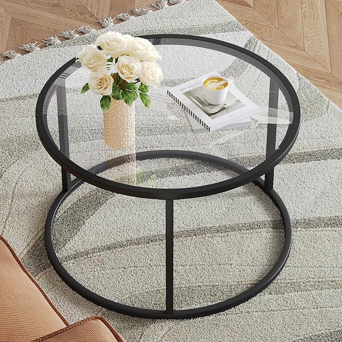 SAYGOER Round Coffee Table Glass Small Coffee Tables for Living Room, 27.6 inch Modern Center Table for Office Apartment, 5 MM Tempered Clear Glass Top, Black Metal Frame