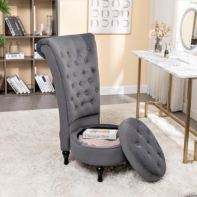 Container Furniture Direct Royal High-Back Velvet Accent Chair for Vanity with Storage and Luxurious Upholstery, Retro Design and Versatile Usage for Livingroom, Bedroom, Lounge and Office, Grey