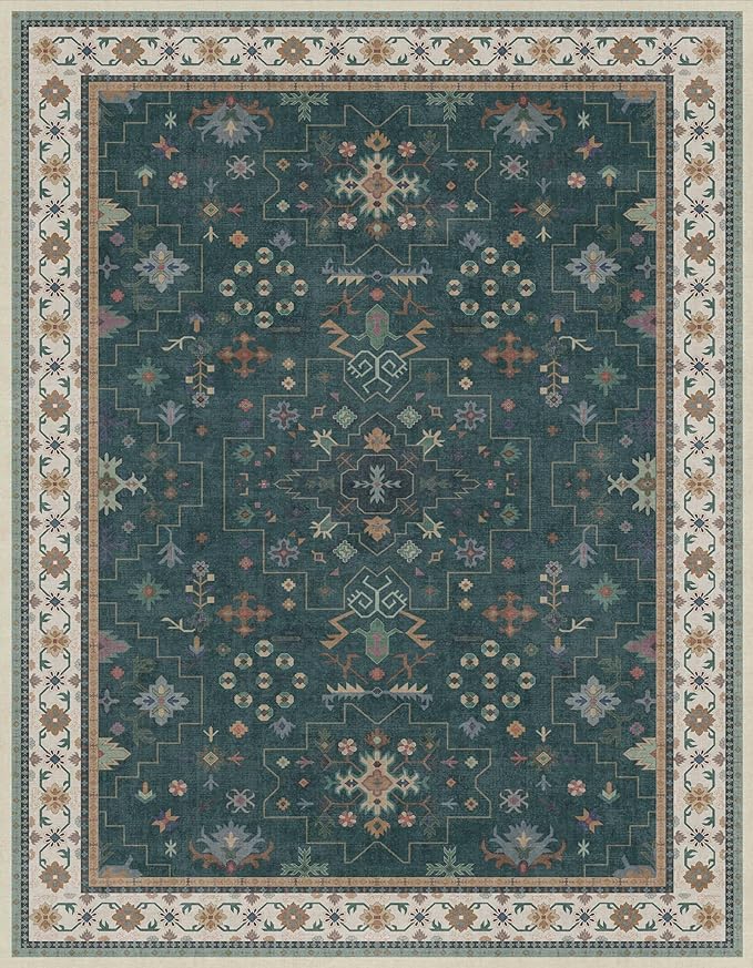 Vintage Dark Green 7x9 Dining Room Rugs for Under Kitchen Table - Washable Livinig Room Rug - Unique Floral Pastel Low Pile Non-Slip Area Rugs for Bedroom