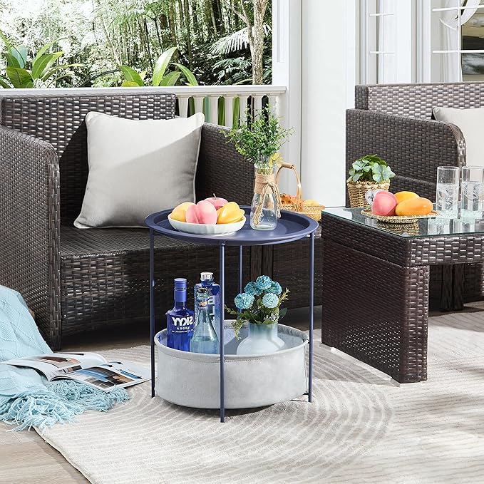 VECELO Round Side/End Table with Fabric Storage Basket，Metal Anti-Rust and Waterproof Small Bedside Nightstand with Removable Tray Top for Living Room，Balcony & Laundry，Blue /1pcs with Basket