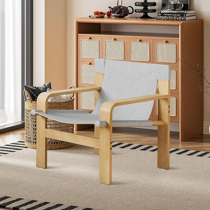 Ball & Cast Mid-Century Lounge Living Room Chairs,Accent Chair Wide Armrest with Comfortable Linen Fabric Armchair & Rubber Wood Frame,Detachable and Washable Seating Furniture for Reading,Light Grey
