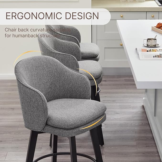 Counter Height Barstools 26 inch Upholstered Swivel Bar Stools with Back and Wood Legs for Kitchen Island,Set of 2,Dark Grey Fabric