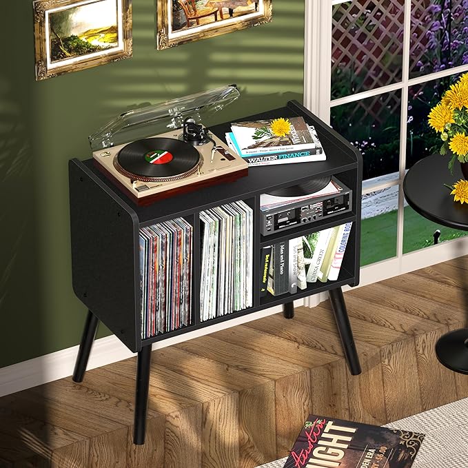 Record Player Table, Mid-Century Record Player Stand with Vinyl Storage Hold Up to 150+ Albums, Vinyl Record Cabinet with Adjustable Shelves, Wood Turntable Stand for Music Living Room (Black)