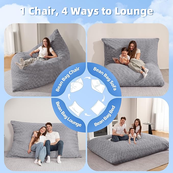 HABUTWAY 4 in 1 Bean Bag Chair, Giant Memory Foam Filling Bean Bag Sofa, Adult Bean Bag Chair, Machine Washable Faux Fur Cover, Bean Bag for Adult (Light Grey)
