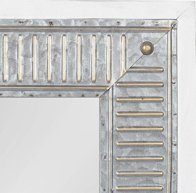 Kate and Laurel Deely Farmhouse Wall Mirror, 27 x 39, White and Silver, Rustic Wall Decor with Galvanized Metal Frame