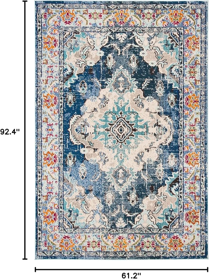 SAFAVIEH Monaco Collection Area Rug - 5'1" x 7'7", Navy & Light Blue, Boho Chic Medallion Distressed Design, Non-Shedding & Easy Care, Ideal for High Traffic Areas in Living Room, Bedroom (MNC243N)