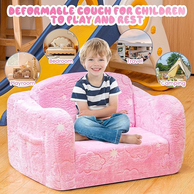 Lamerge 2-in-1 Toddler Couch,Glow in The Dark Baby Floor Bed,Foldable Toddler Chair Kids Sofa for playroom,Convertible Sofa to Lounger for Girls and Boys (Pink and Clouds)