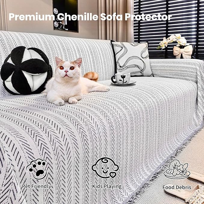 Nobildonna Sofa Cover Washable Soft Thicken Chenille Couch Cover with Tassel,Waterproof Sofa Slipcover for 3-4 Cushion Couch,Sectional Sofa,L-Shaped Furniture Protector Pet-Friendly,Beige 91"x134"
