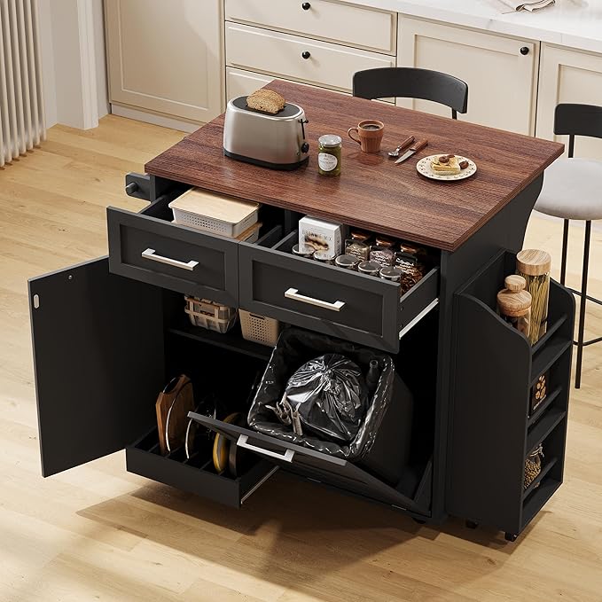 Ball & Cast Farmhouse Kitchen Island with Drop Leaf,Rolling Kitchen Cart on 5 Wheels W/Removable Side Racks and 2 Drawers,Kitchen Storage Cart W/Towel Rack,for Kitchen,Dining Room,Black,47.2"