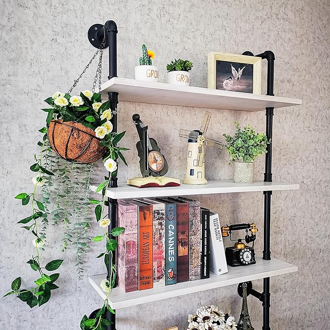 Pipe Shelves, Wall Mounted Wood Metal Industrial Shelves, Ladder Bookshelf for Living Room (White, 10" D x 30" W x 82.5" H)