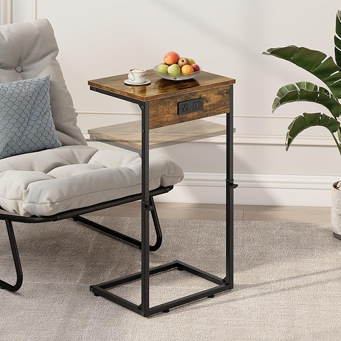 Vagusicc C Shaped End Table with Charging Station, Adjustable Height Side Table for Couch, Small Side Table, 33.2'' Tall Couch Tables That Slide Under, Tv Tray End Table for Living Room, Rustic Brown