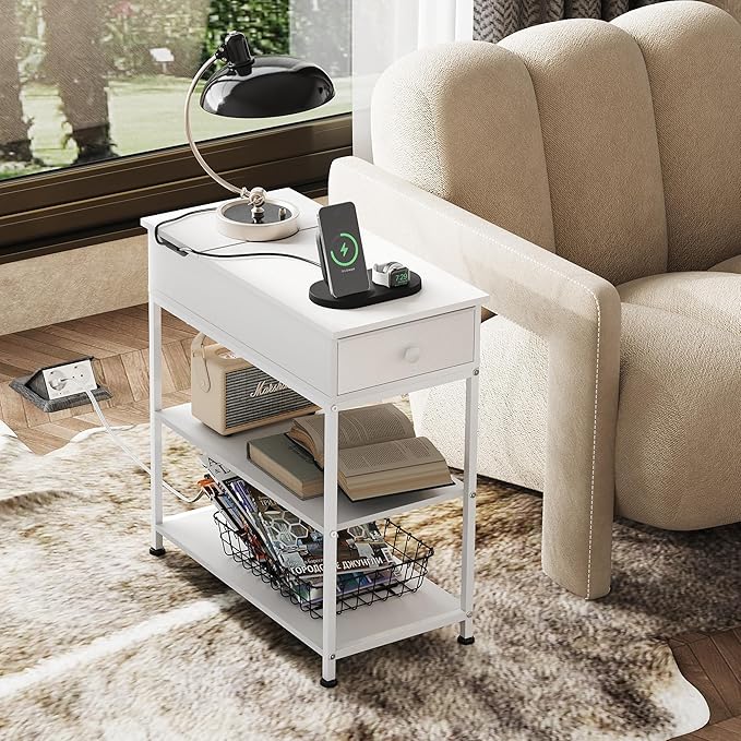 WLIVE Narrow Side Table with Charging Station, Couch Side Table for Living Room, Narrow End Table for Bedroom with Fabric Drawer, USB Ports and Power Outlets, 11.8‘’W 23.6‘’L 24‘’H, White