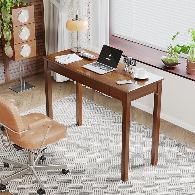 Solid Wood Desk with Drawers - 39 x 16 Inch Vintage Narrow Desks, Mid Century Modern Desks, Rubber Wood Study Table, Small Writing Desk for Bedroom|Small Spaces - Walnut Color