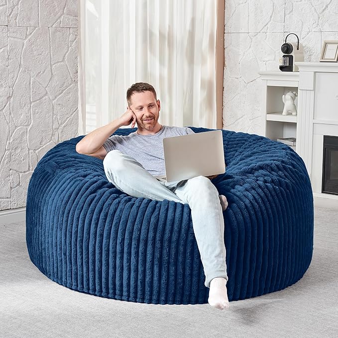HABUTWAY 4FT Bean Bag Chair, 4' Large Bean Bag Chairs for Adults with Removable Stripe Plush Cover, Memory Foam Beanbag Chair for Living Room Bedroom Dorm (Blue)