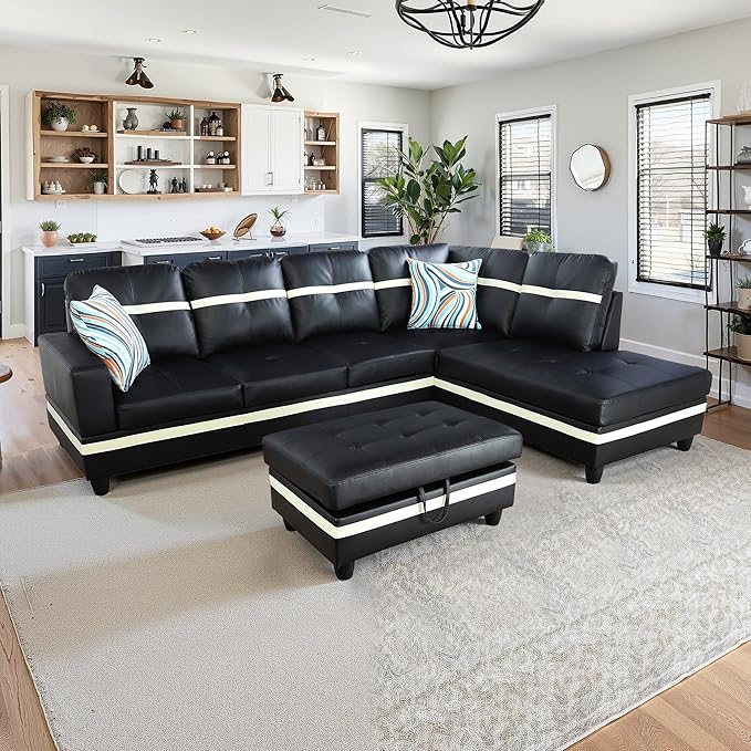 NicBex Sectional Couch 3 Pieces Sofa Set with Left Chaise PU Synthetic Leather L Shaped Cloud Couch for Living Room Furniture Sets with Storage Ottoman, Modular Sofa for Apartment, Black+White