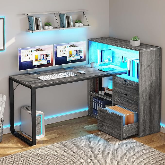 DWVO L Shaped Desk with Drawers, 55" Corner Computer Desk with Bookshelf & Power Outlets & LED Lights, Home Office Desk with Storage Shelves, Grey
