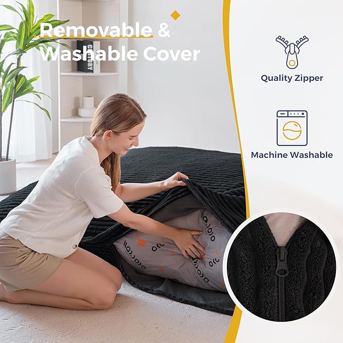 MAXYOYO Giant Bean Bag Chair with Pillow, 3 in 1 Convertible Bean Bag Chair for Adults with Washable Cover, Removable Floor Cushion Stuffed Floor Lounger for Living Room Bedroom, Black, Full