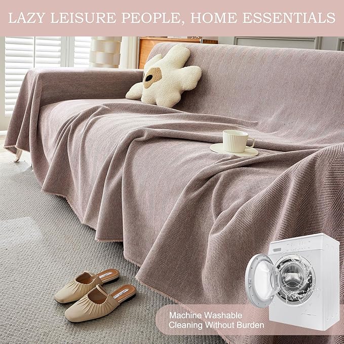 STACYPIK Thick Pink Geometric Sofa Covers for 2 Cushion Couch Reversible Herringbone Dogs Couch Covers Pet Scratch Couch Protector Blanket for Living Room Chenille Cushion Covers with Tassel-91X118IN
