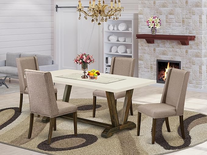 East West Furniture V727FL716-5 5 Piece Dining Room Furniture Set Includes a Rectangle Dining Table with V-Legs and 4 Dark Khaki Linen Fabric Upholstered Chairs, 40x72 Inch, Multi-Color