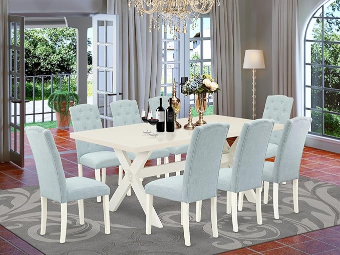 East West Furniture X027CE215-9 9 Piece Dining Table Set Includes a Rectangle Dining Room Table with X-Legs and 8 Baby Blue Linen Fabric Upholstered Parson Chairs, 40x72 Inch, Multi-Color