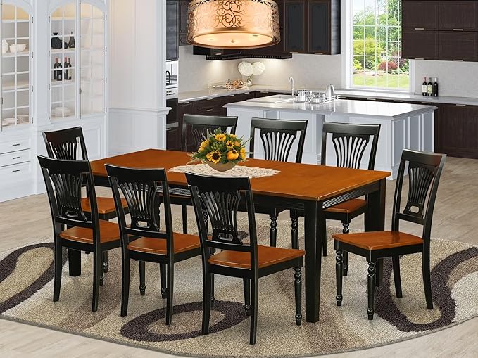 East West Furniture QUPL9-BCH-W 9 Piece Dining Table Set Includes a Rectangle Dining Room Table with Butterfly Leaf and 8 Wooden Seat Chairs, 40x78 Inch, Black & Cherry