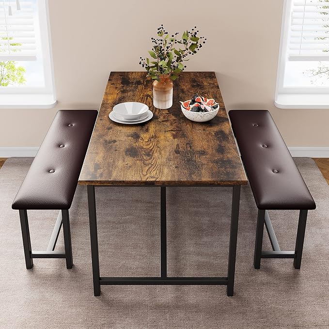 Dining Table Set for 4, Kitchen Table with 2 Upholstered Benches, 3-Piece Dining Room Set for Kitchen, Apartment and Small Spaces, Brown