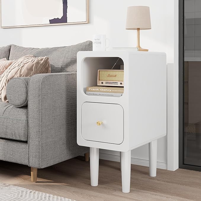Narrow Nightstand, Solid Wood Night Stand with Drawers, White Mid Century Modern Nightstand, Small Beside Table with Open Storage Shelf for Bedroom (10 inch)