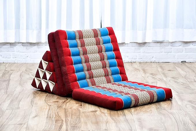 Leewadee - Comfortable Japanese Floor Mattress Used As Thai Floor Bed with Triangle Cushion, Futon Mattress Or Thai Massage Mat, 67 x 21 inches, Blue Red