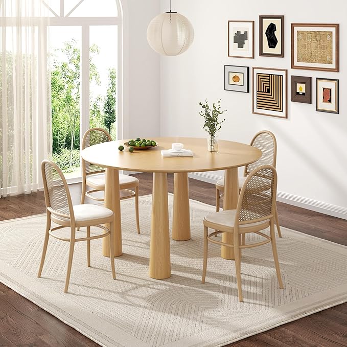 Casaphoria 52" Round Dining Table, Kitchen Table for 6 with Arc-Shaped Edge Top and Cylindrical Legs, Easy Assembly for Living Room, Dining Room, Oak