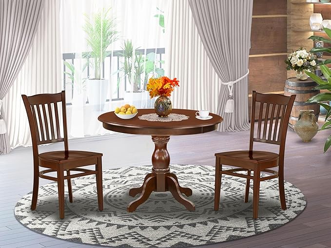 East West Furniture HBGR3-MAH-W 3 Piece Dining Room Table Set Contains a Round Kitchen Table with Pedestal and 2 Dining Chairs, 42x42 Inch, Mahogany