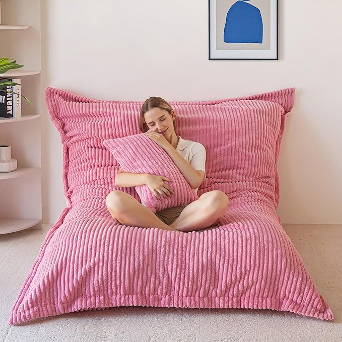 MAXYOYO Giant Bean Bag Chair with Pillow, 3 in 1 Convertible Bean Bag Chair for Adults with Washable Cover, Removable Floor Cushion Stuffed Floor Lounger for Living Room Bedroom, Pink, Queen