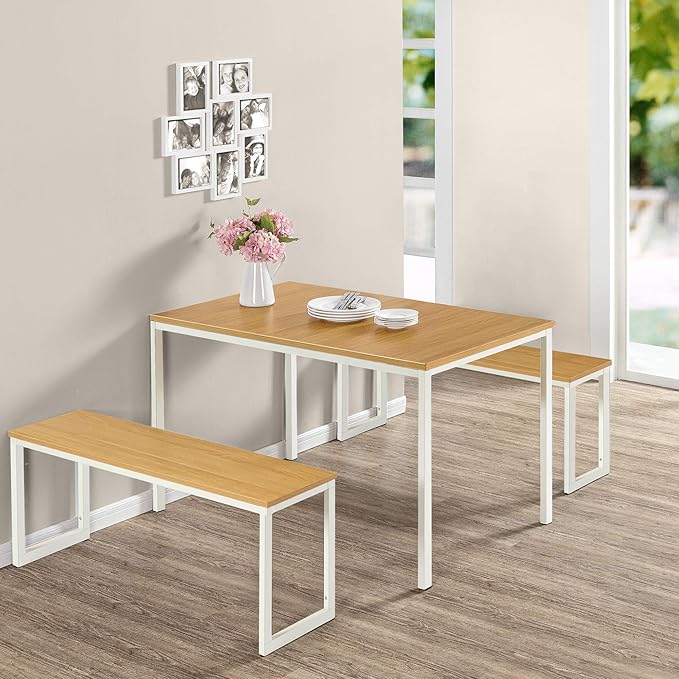 ZINUS 48 Inch Louis Metal Frame Table with Benches 3 Piece Dining Set, Easy Assembly, 1, White