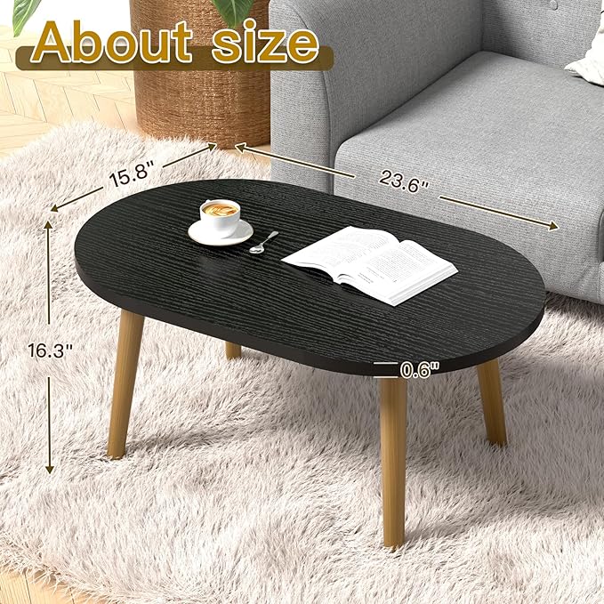 Small Coffee Table for Small Space, Low Table, Floor Table Desk for Sitting on The Floor, Japanese Coffee Table for Living Room, Tatami Tea Tables with Solid Wood Legs, Oval Coffee Tables, Black