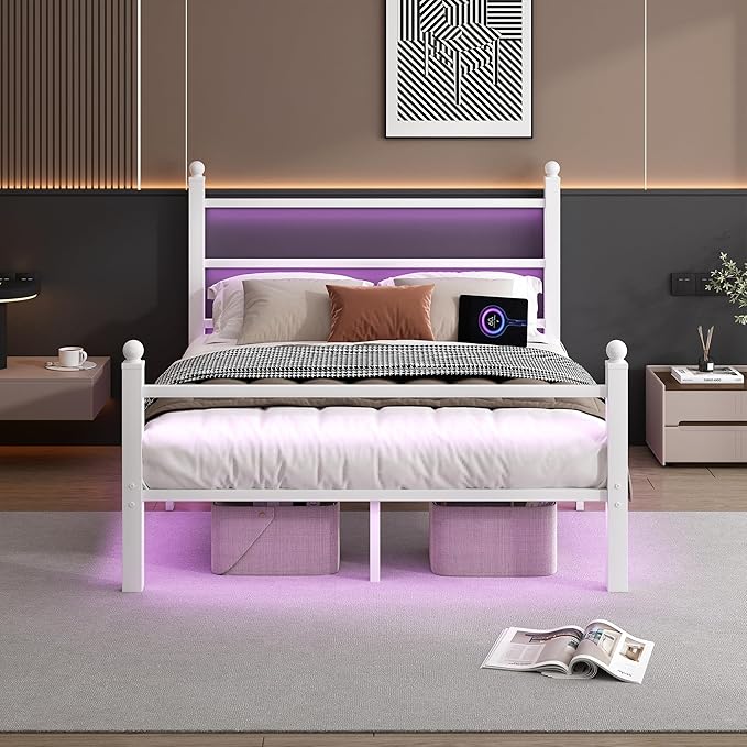 Full Size Bed Frame with Headboard and Footboard,Steel Slats Support-LED Bed Frame with USB Charging Station,Mattress Foundation-Under Bed Storage,No Box Spring Needed,Noise Free,White