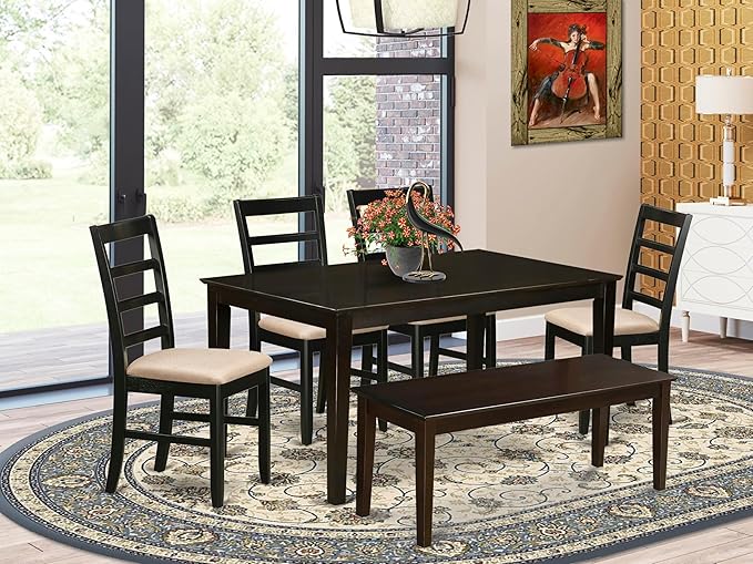 East West Furniture CAPF6-CAP-C 6 Piece Dining Table Set Contains a Rectangle Kitchen Table and 4 Linen Fabric Dining Chairs with a Bench, 36x60 Inch, Cappuccino