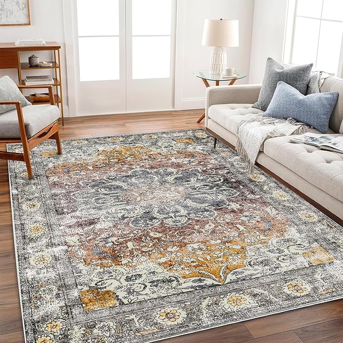 Area Rug 8x10 Washable Rug Taupe Vintage Traditional Mat Distressed Indoor Foldable Thin Retro Accent Rug Floral Print Non Slip Carpet Living Room Dining Room Office