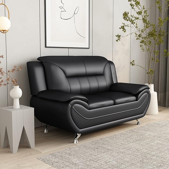 Container Furniture Direct Michael Modern Faux Leather Upholstered Stainless Steel Legs Living Room Sofa, Loveseat, Midnight