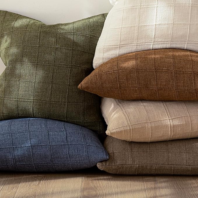 Foindtower Set of 2 Decorative Linen Check Throw Pillow Covers Neutral Farmhouse Vintage Cushion Covers Modern Boho Home Decor for Sofa Chair Couch Bedroom Living Room Outdoor,24×24 Inch,Light Brown