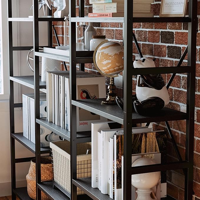 IRONCK Bookcases and Bookshelves Triple Wide 5 Tiers Industrial Bookshelf, Large Etagere Bookshelf Open Display Shelves with Metal Frame for Living Room Bedroom Home Office