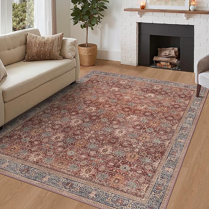 8X10 Area Rugs Machine Washable Rugs for Living Room, Vintage Boho Large Rugs for Bedroom Dining Room, Non Slip Indoor Soft Distressed Lightweight Thin Low Pile Carpet, Red Brown