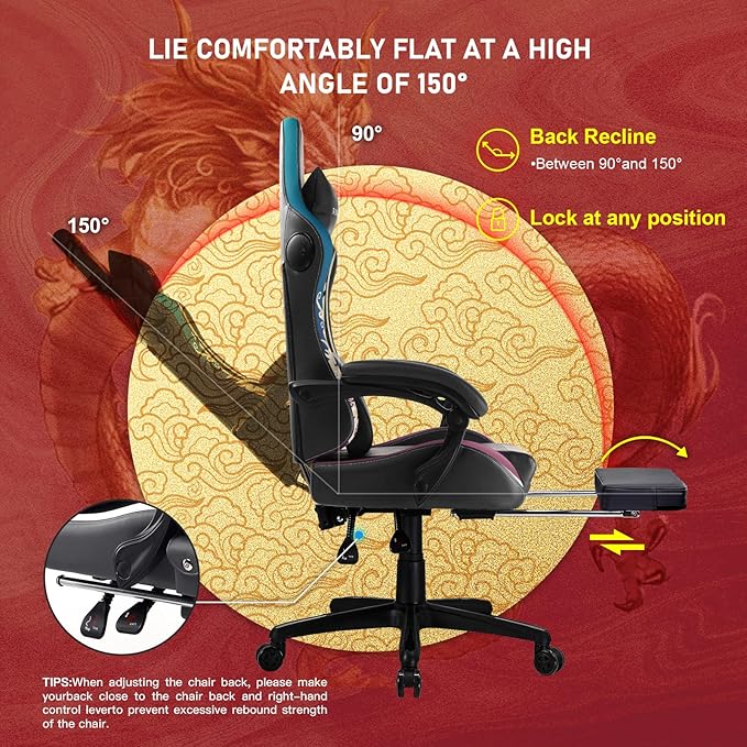 GTPLAYER Gaming Chair with Bluetooth Speakers and Footrest, Dragon Series Video Game Chair ，Heavy Duty Ergonomic Chair，Esports Gaming Chair，Computer Office Desk Chair by GTRACING(Black)