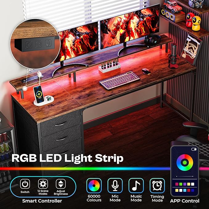 Huuger 63 Inch Rustic Brown Gaming & Office Computer Desk with 4 Drawers, Monitor Stand, LED Lights & Power Outlets